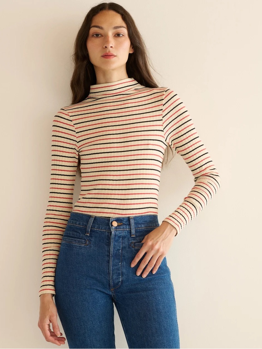 NWT DÔEN Long Sleeve, Light, Striped Ribbed Mock Neck